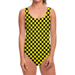 Yellow And Black Checkered Pattern Print One Piece Swimsuit