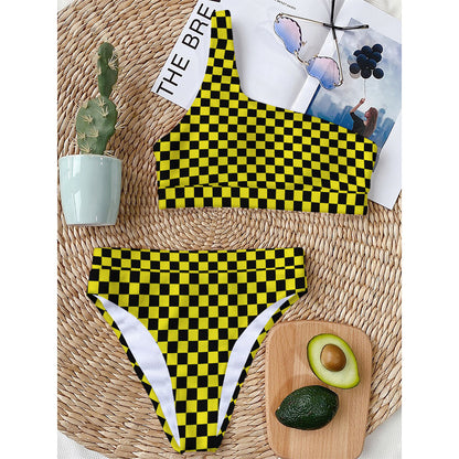 Yellow And Black Checkered Pattern Print One Shoulder Bikini Top