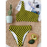 Yellow And Black Checkered Pattern Print One Shoulder Bikini Top