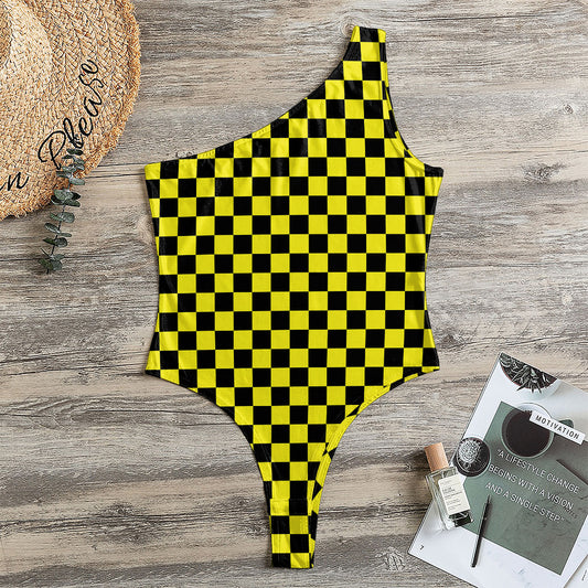 Yellow And Black Checkered Pattern Print One Shoulder Bodysuit