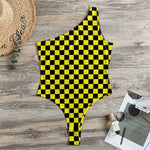 Yellow And Black Checkered Pattern Print One Shoulder Bodysuit