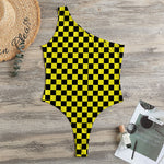 Yellow And Black Checkered Pattern Print One Shoulder Bodysuit