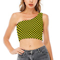 Yellow And Black Checkered Pattern Print One Shoulder Crop Top