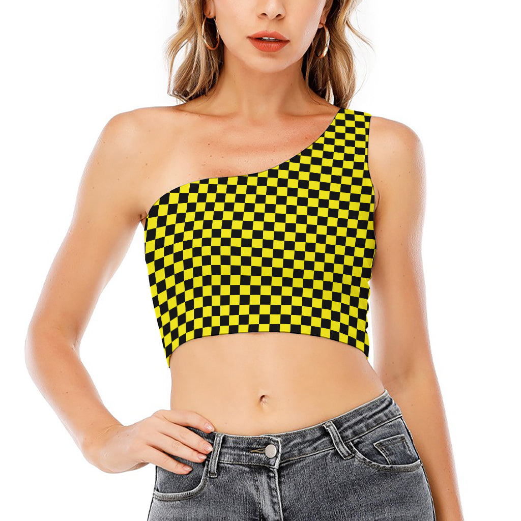 Yellow And Black Checkered Pattern Print One Shoulder Crop Top