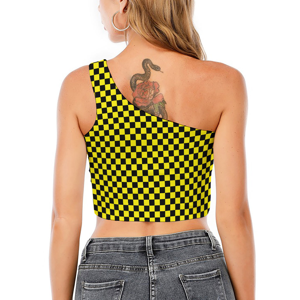 Yellow And Black Checkered Pattern Print One Shoulder Crop Top