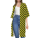 Yellow And Black Checkered Pattern Print Open Front Beach Cover Up