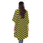 Yellow And Black Checkered Pattern Print Open Front Beach Cover Up