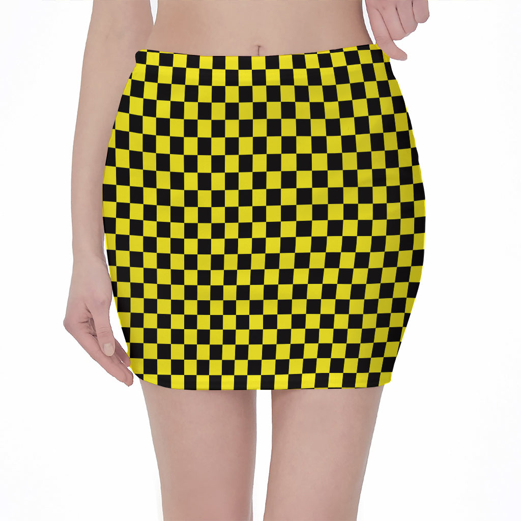 Yellow And Black Checkered Pattern Print Pencil Mini Skirt