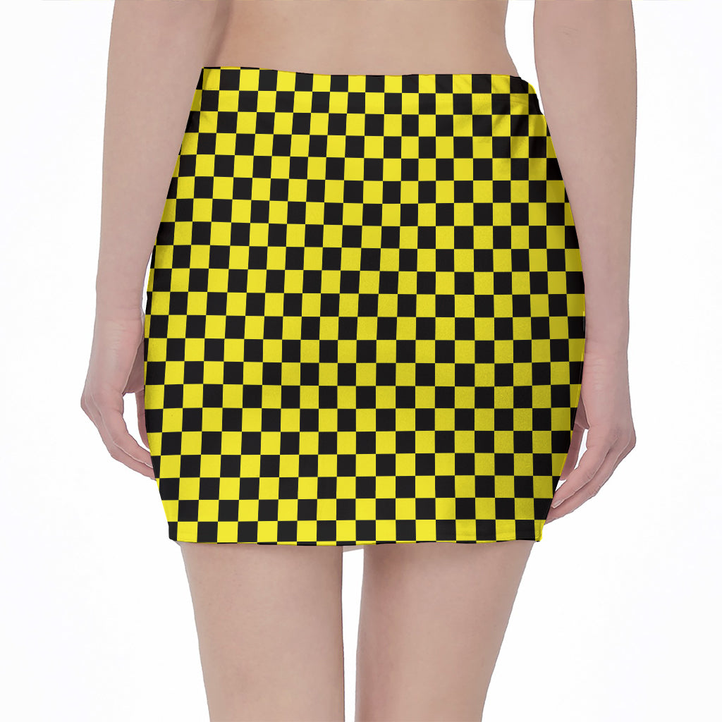 Yellow And Black Checkered Pattern Print Pencil Mini Skirt