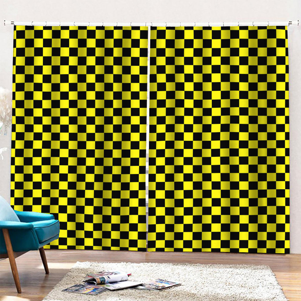 Yellow And Black Checkered Pattern Print Pencil Pleat Curtains