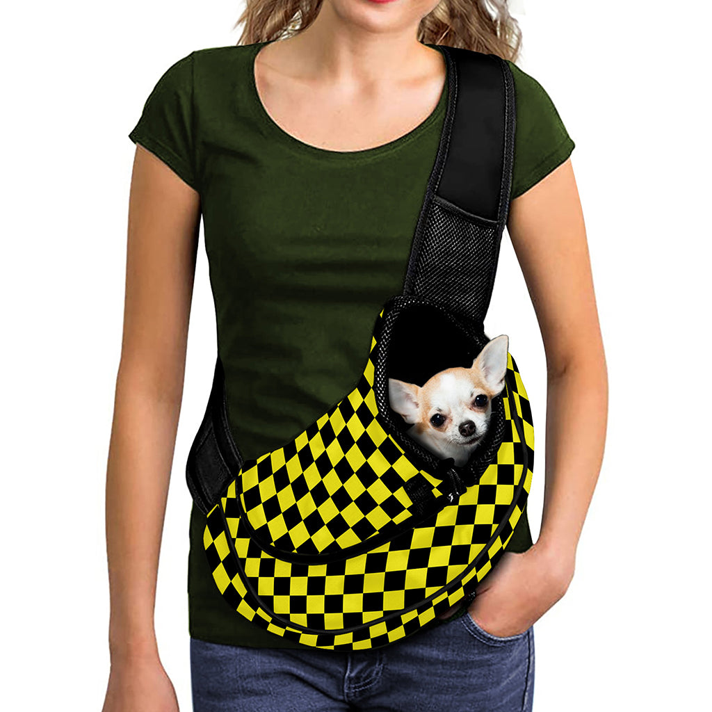 Yellow And Black Checkered Pattern Print Pet Sling Carrier