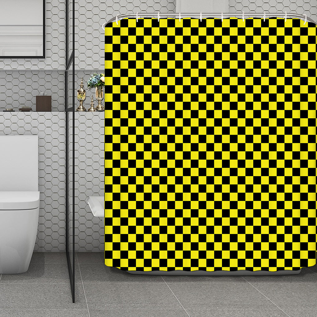 Yellow And Black Checkered Pattern Print Polyester Shower Curtain