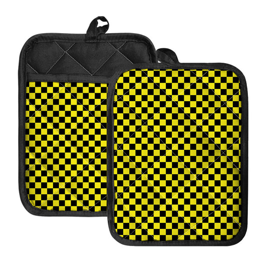 Yellow And Black Checkered Pattern Print Pot Holders With Pocket