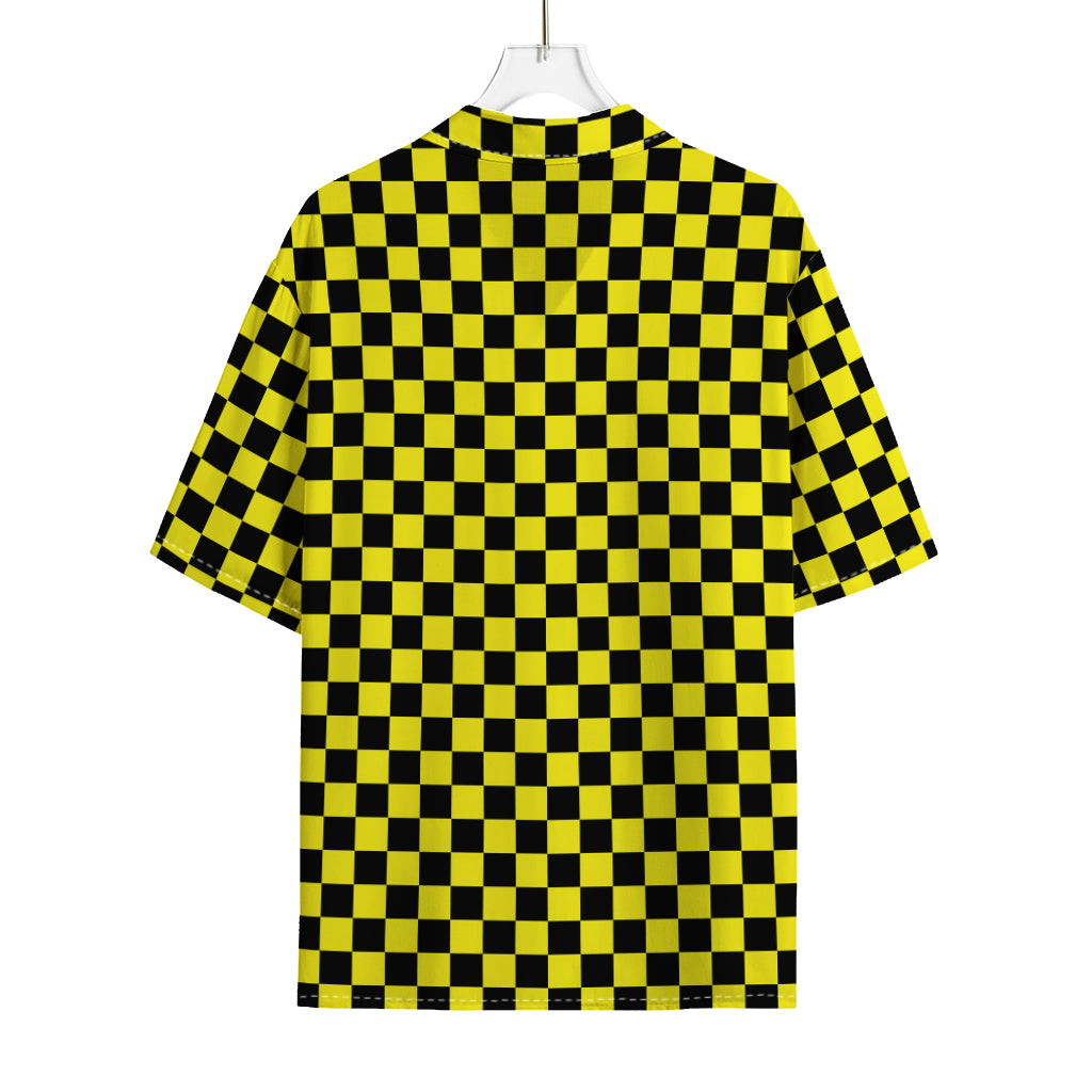 Yellow And Black Checkered Pattern Print Rayon Hawaiian Shirt