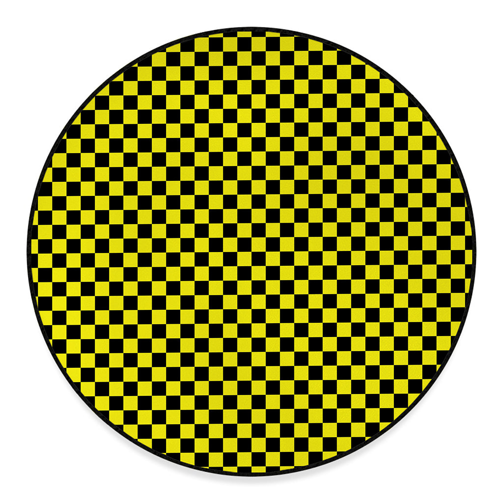 Yellow And Black Checkered Pattern Print Round Floor Mat