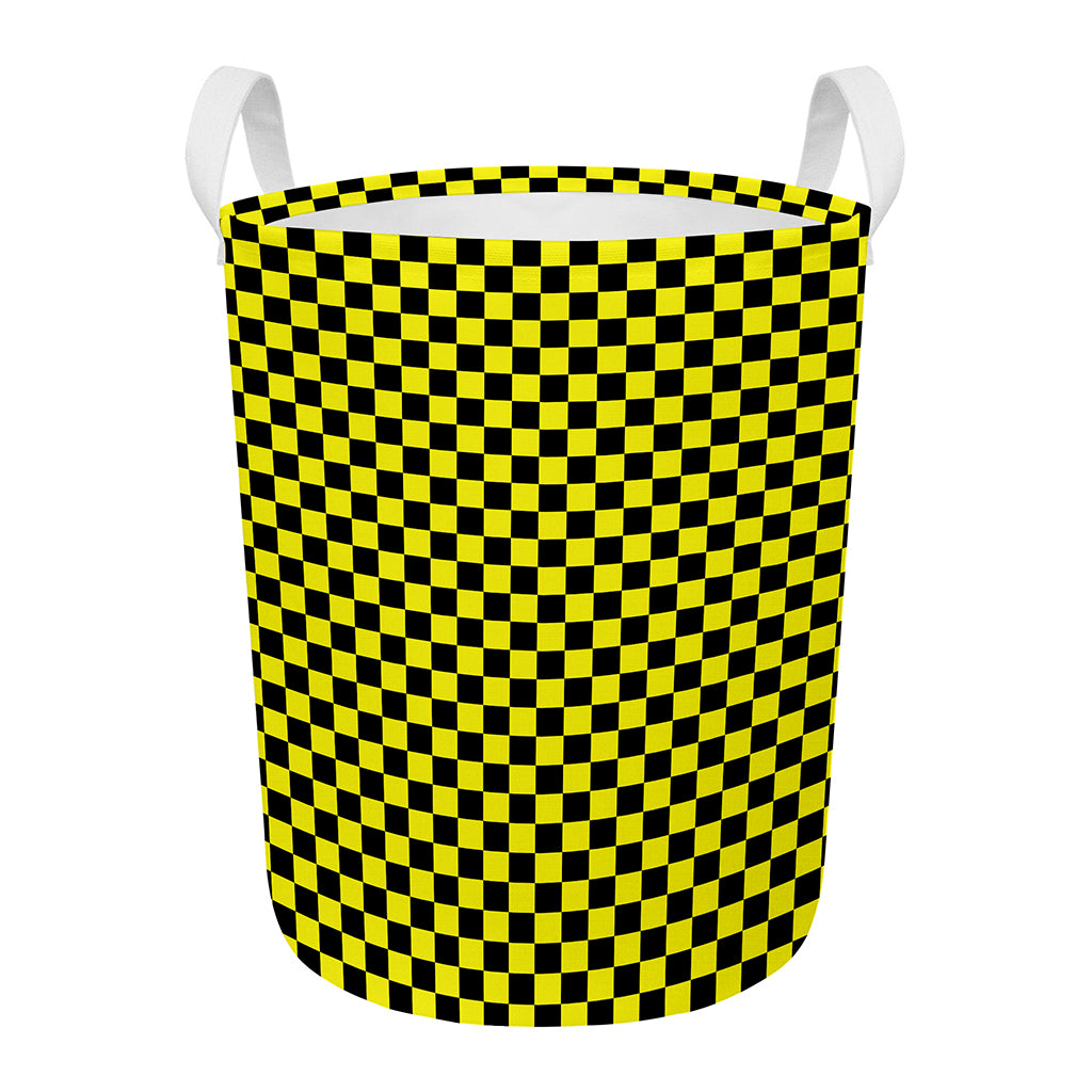 Yellow And Black Checkered Pattern Print Round Laundry Basket