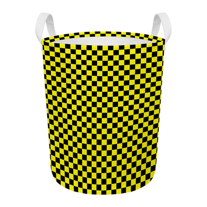 Yellow And Black Checkered Pattern Print Round Laundry Basket