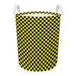 Yellow And Black Checkered Pattern Print Round Laundry Basket