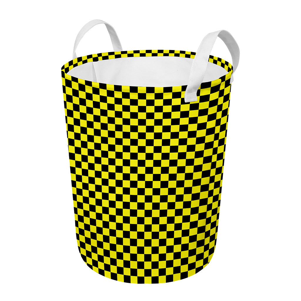 Yellow And Black Checkered Pattern Print Round Laundry Basket