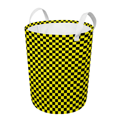 Yellow And Black Checkered Pattern Print Round Laundry Basket