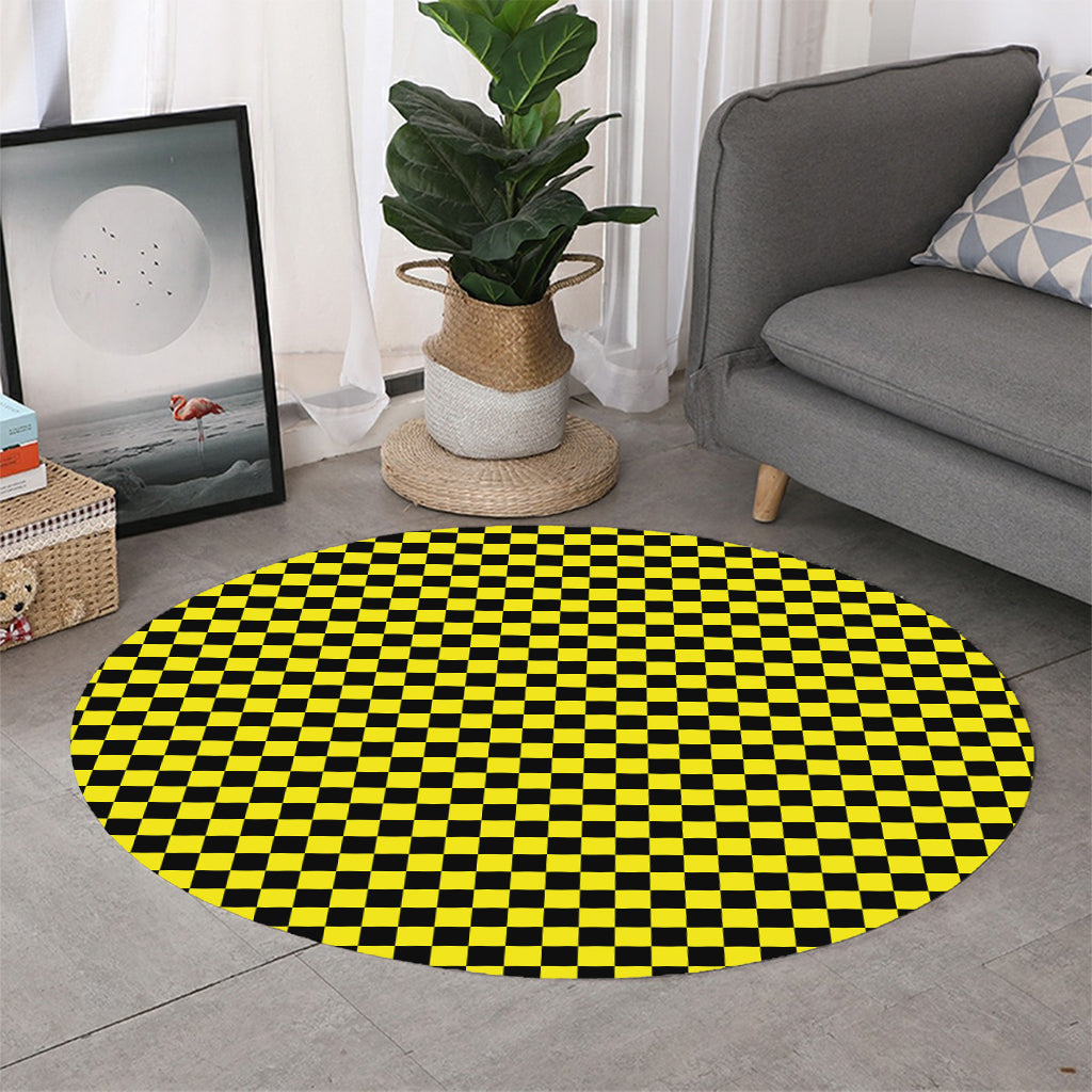 Yellow And Black Checkered Pattern Print Round Rug