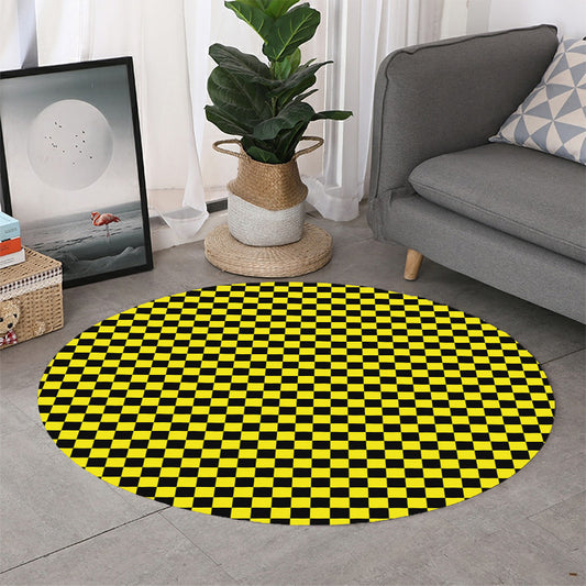 Yellow And Black Checkered Pattern Print Round Rug