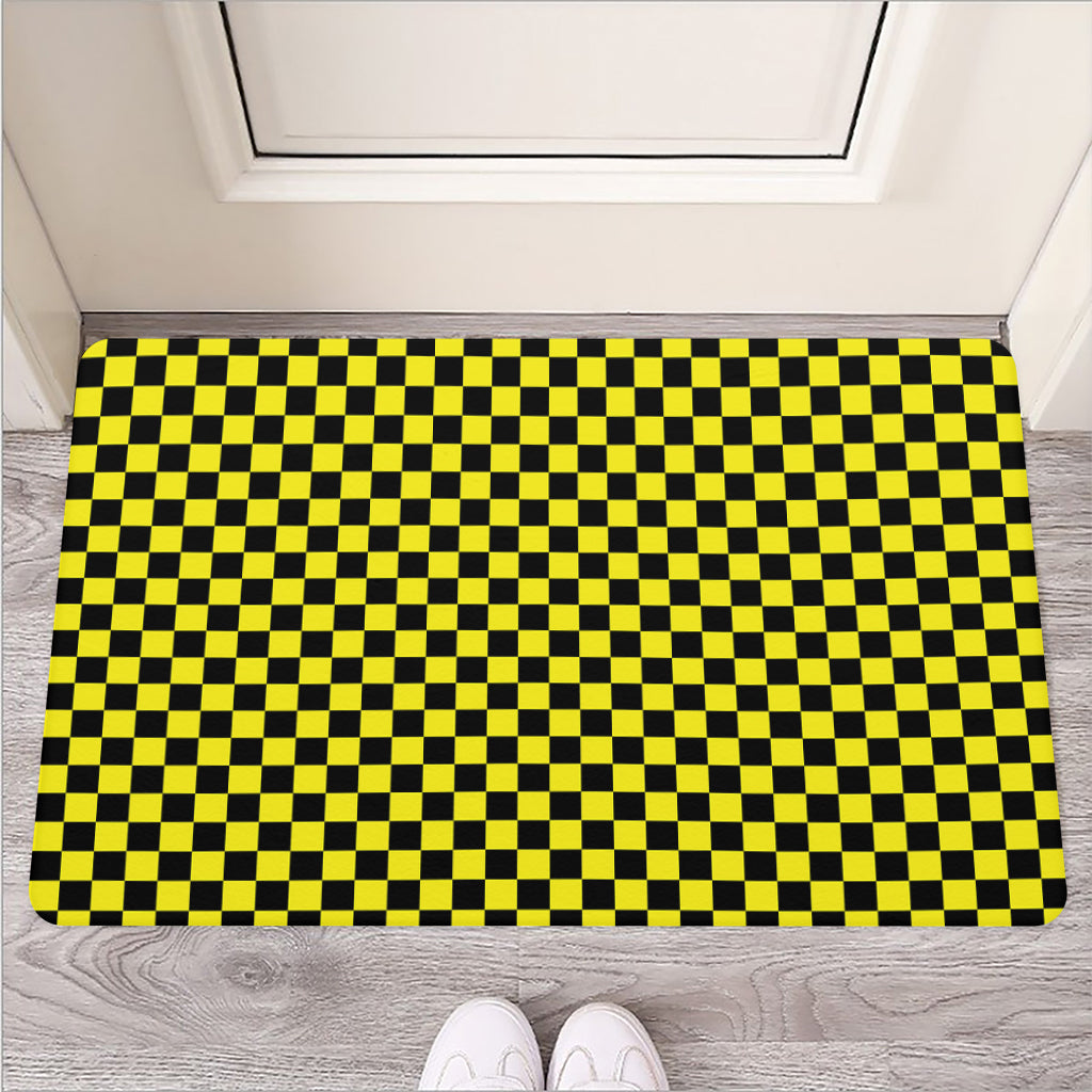 Yellow And Black Checkered Pattern Print Rubber Doormat