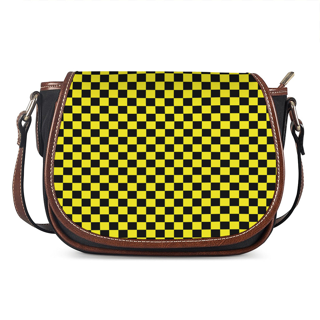 Yellow And Black Checkered Pattern Print Saddle Bag