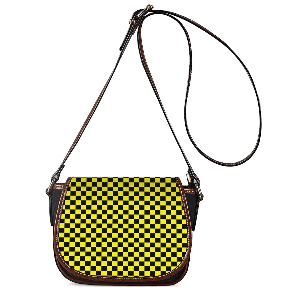 Yellow And Black Checkered Pattern Print Saddle Bag