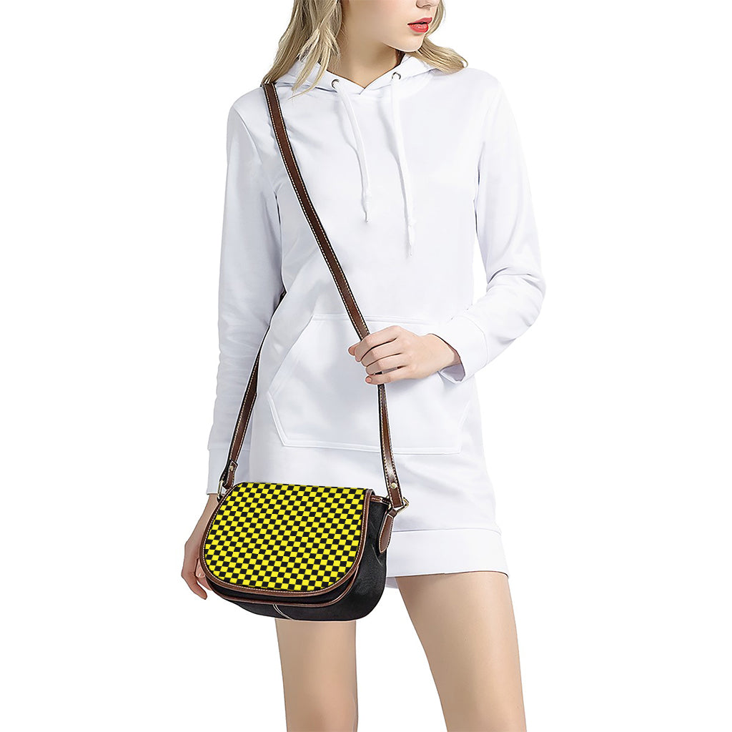 Yellow And Black Checkered Pattern Print Saddle Bag