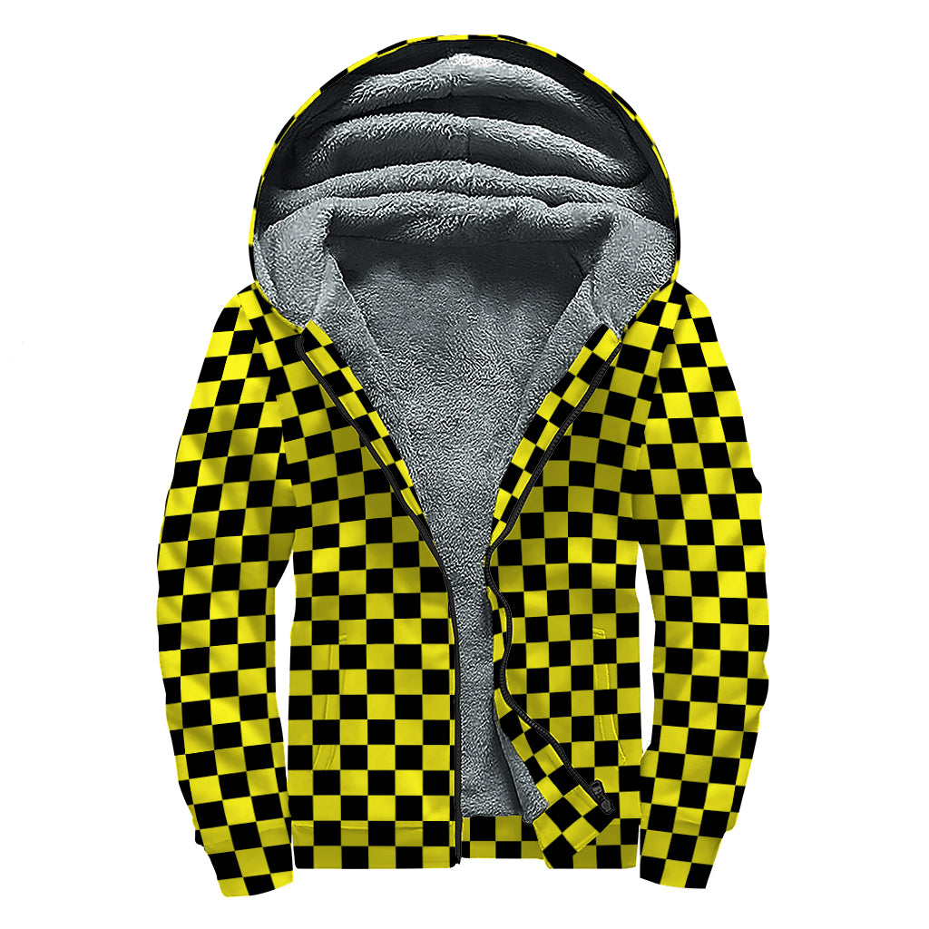Yellow And Black Checkered Pattern Print Sherpa Lined Zip Up Hoodie
