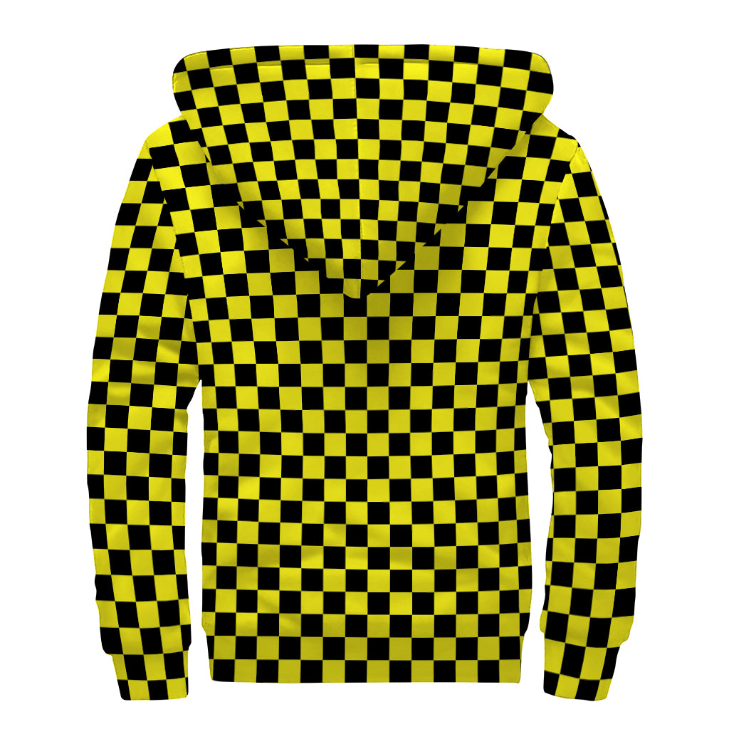 Yellow And Black Checkered Pattern Print Sherpa Lined Zip Up Hoodie