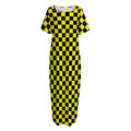 Yellow And Black Checkered Pattern Print Short Sleeve Long Nightdress