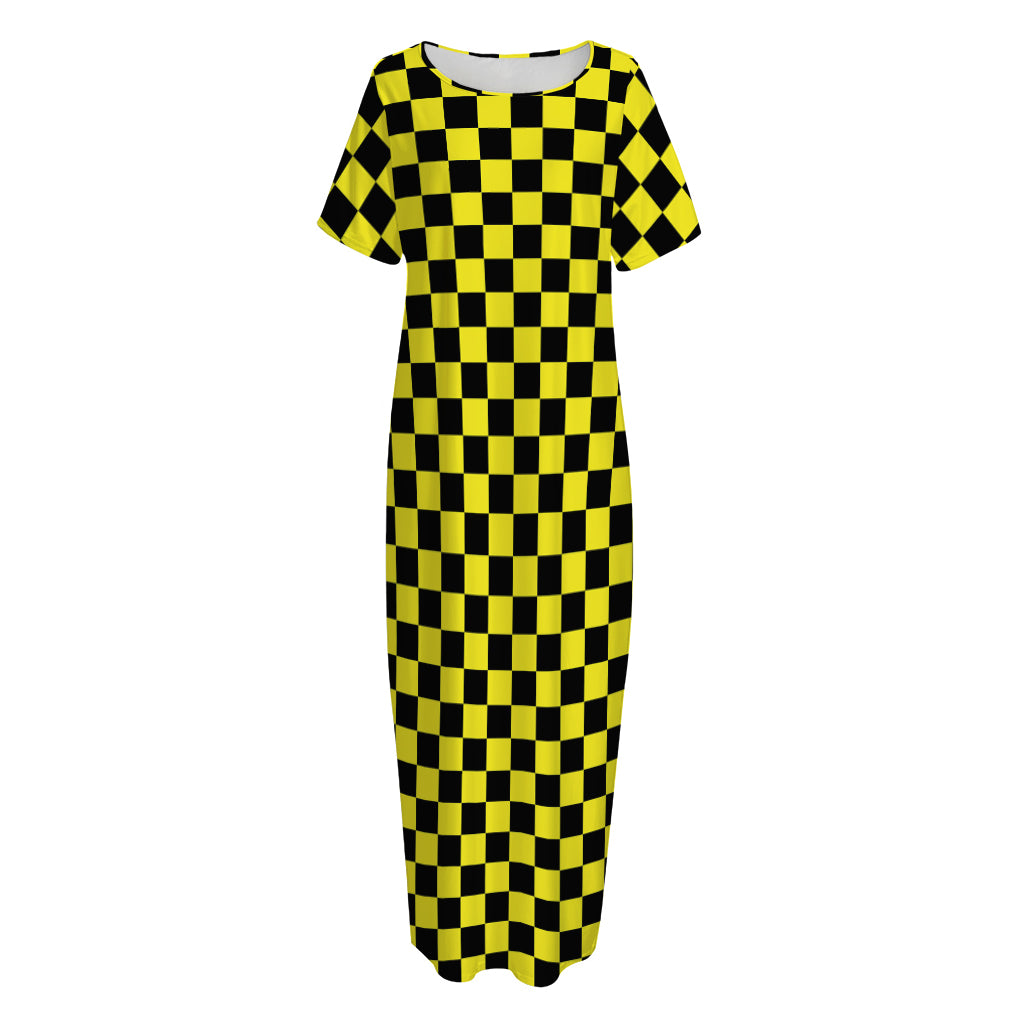 Yellow And Black Checkered Pattern Print Short Sleeve Long Nightdress