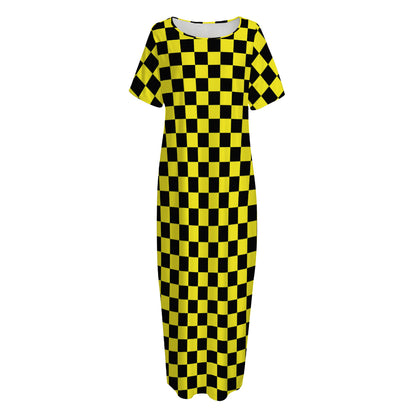 Yellow And Black Checkered Pattern Print Short Sleeve Long Nightdress