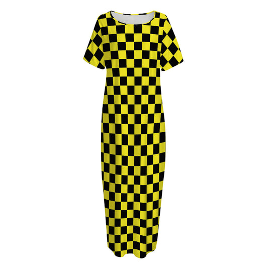 Yellow And Black Checkered Pattern Print Short Sleeve Long Nightdress
