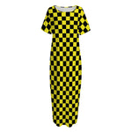 Yellow And Black Checkered Pattern Print Short Sleeve Long Nightdress