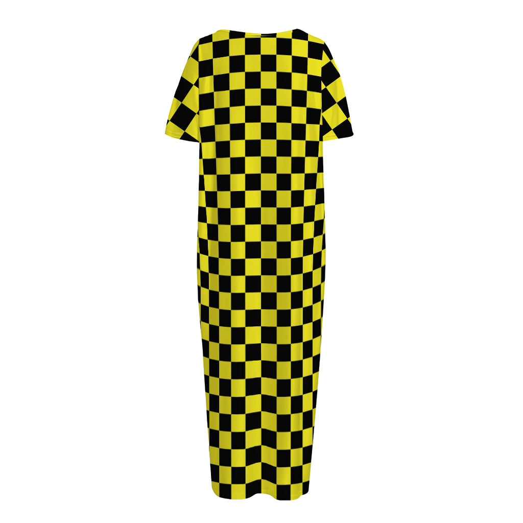 Yellow And Black Checkered Pattern Print Short Sleeve Long Nightdress