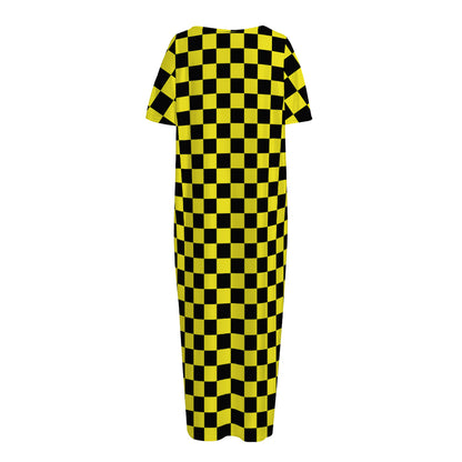Yellow And Black Checkered Pattern Print Short Sleeve Long Nightdress