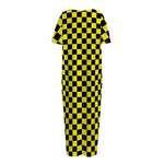 Yellow And Black Checkered Pattern Print Short Sleeve Long Nightdress