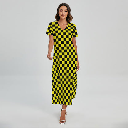 Yellow And Black Checkered Pattern Print Short Sleeve Maxi Dress