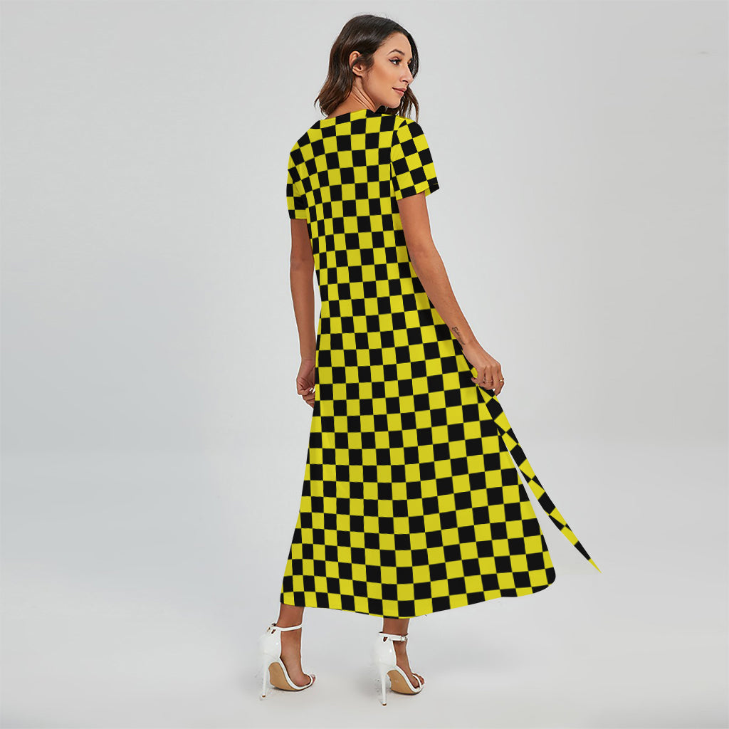 Yellow And Black Checkered Pattern Print Short Sleeve Maxi Dress
