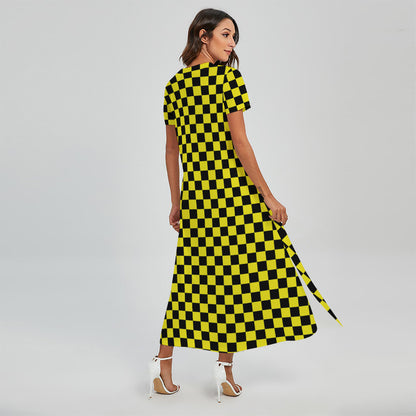 Yellow And Black Checkered Pattern Print Short Sleeve Maxi Dress