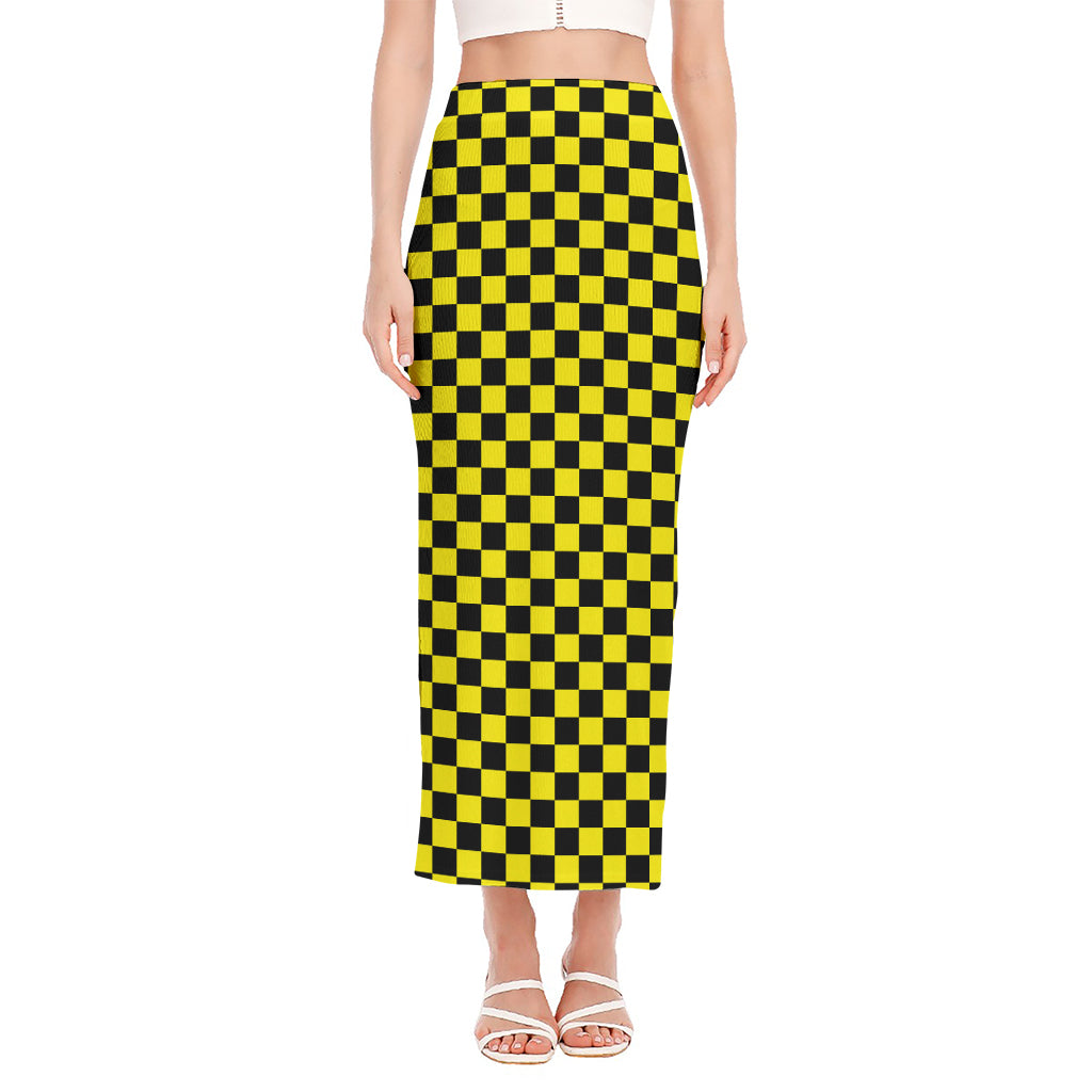 Yellow And Black Checkered Pattern Print Side Slit Maxi Skirt
