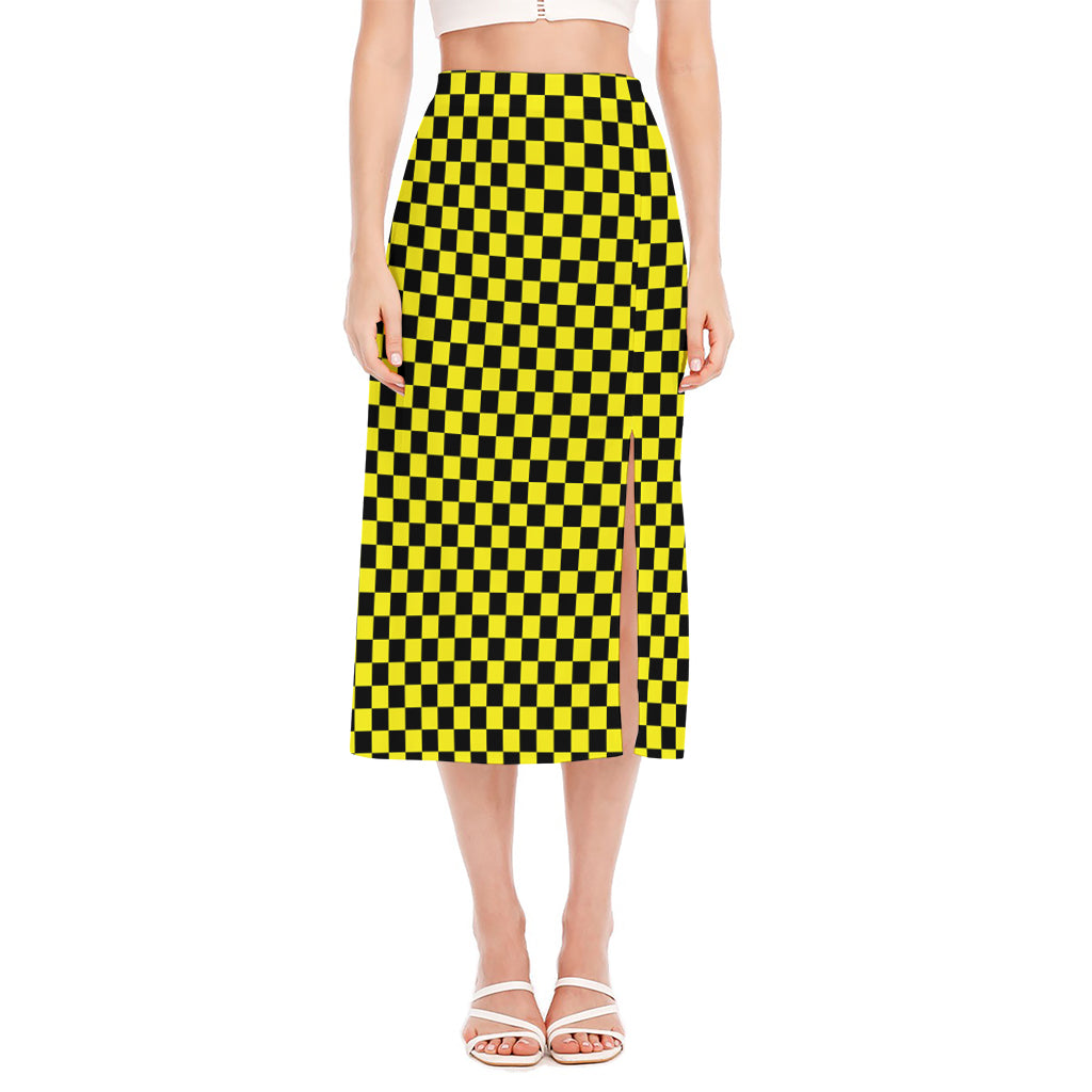 Yellow And Black Checkered Pattern Print Side Slit Midi Skirt