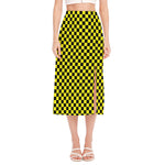 Yellow And Black Checkered Pattern Print Side Slit Midi Skirt