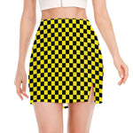 Yellow And Black Checkered Pattern Print Side Slit Mini Skirt