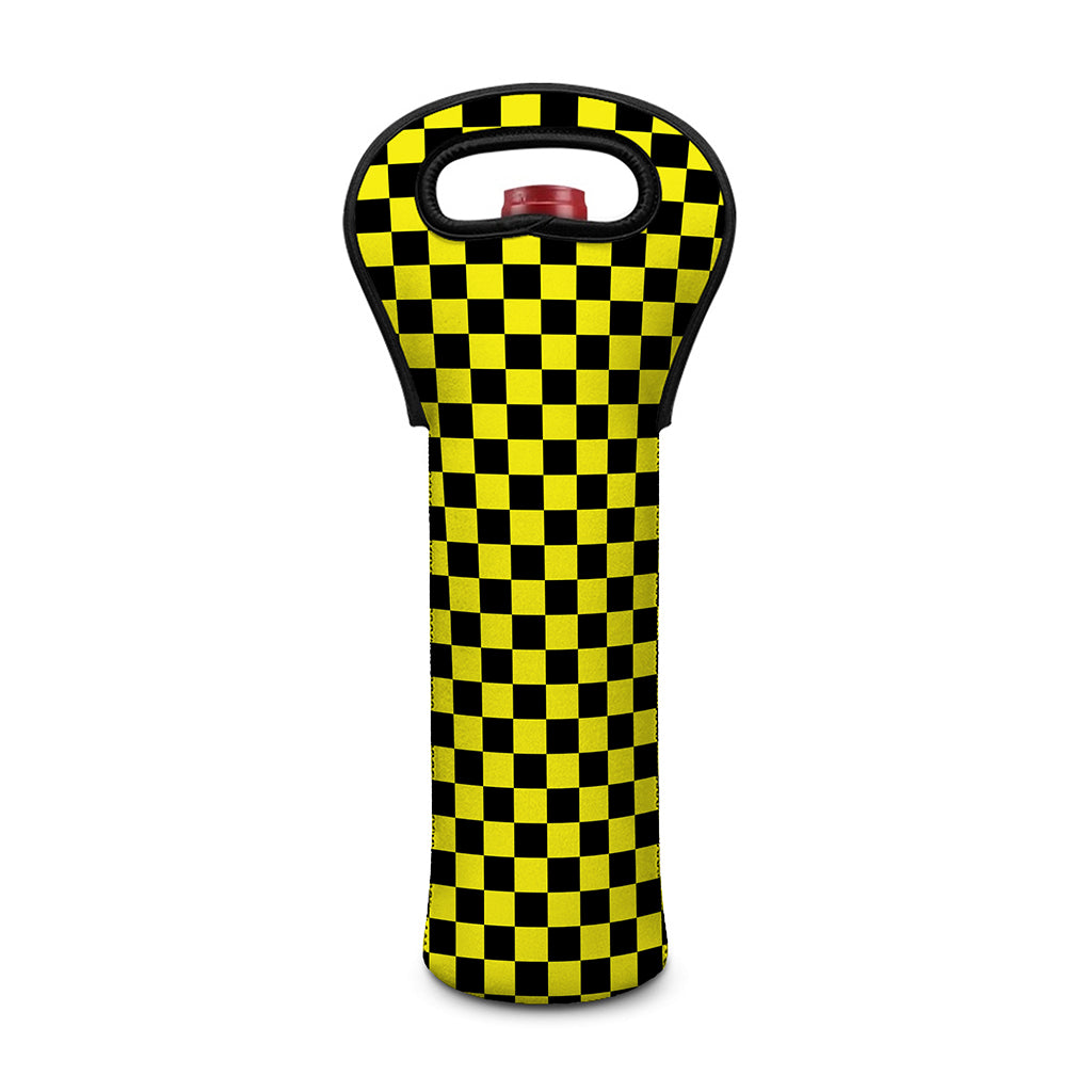 Yellow And Black Checkered Pattern Print Single Neoprene Wine Tote