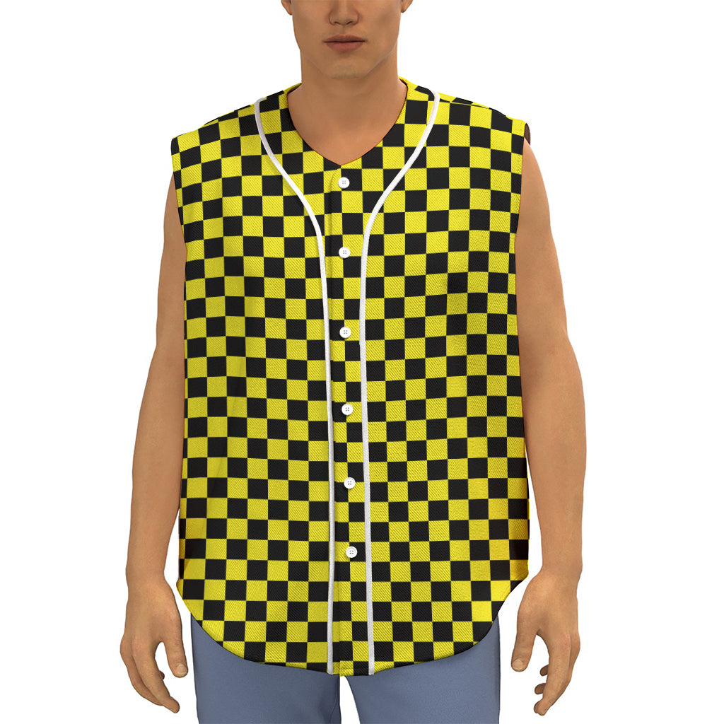 Yellow And Black Checkered Pattern Print Sleeveless Baseball Jersey