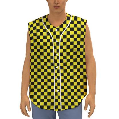 Yellow And Black Checkered Pattern Print Sleeveless Baseball Jersey